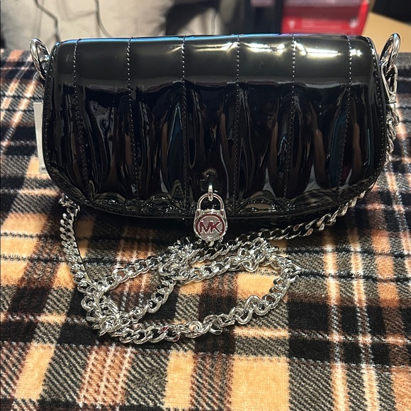 Michael Kors Glossy Black Crossbody Bag with Silver Chain - Picture 1 of 2